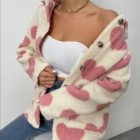 Teddy coat Sherpa jacket heart cream pink fuzzy warm collar winter - Picture 3 of 8